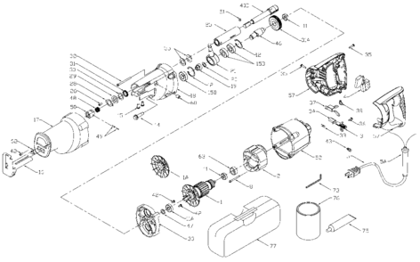 Default Diagram and Parts List for PC9741 Type 1 Porter Cable Reciprocating Saw